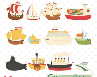 SHIP clipart, Boat, Yacht, Submarine, Pirate and viking ship clip art, Sailboat art - INSTANT download, Titanic illustration