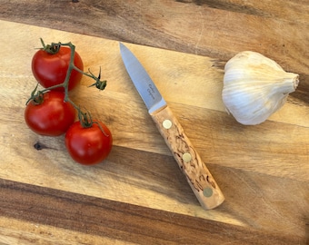 Handmade stainless paring knife with stainless blade and curly birch handle
