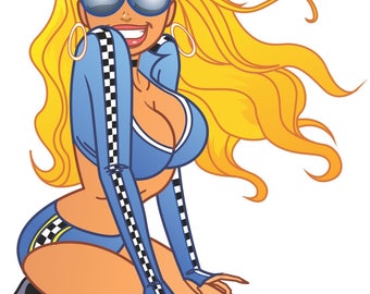 Pinup Race Day Girl Sticker Decal Cartoon Character Sexy Laptop Automotive Art Decal Blonde Girl Car Truck Sticker