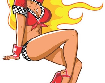 Pinup Race Day Girl Sticker Decal Cartoon Character Sexy Laptop Automotive Art Decal Blonde Girl Car Truck Sticker