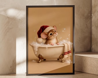 Christmas Mouse Bath Print, Funny Bathroom Wall Art, Vintage Festive Decor, Cute Santa Hat Mouse