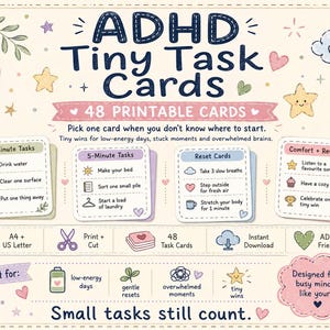 May include: A set of 48 printable ADHD Tiny Task Cards featuring categories for 2-minute tasks, 5-minute tasks, reset cards, and comfort rewards. The design includes pastel illustrations of hearts, stars, and leaves with text detailing task lists.