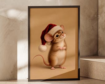 Christmas Mouse Print, Cute Santa Hat Mouse Wall Art, Vintage Festive Decor, Cosy Christmas Animal