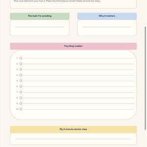 May include: A printable task management worksheet titled Make It Smaller, featuring sections for identifying avoided tasks, a Tiny Step Ladder with ten numbered lines, a 2-minute starter step field, and buttons labeled Pause, Simplify, and Ask for help.
