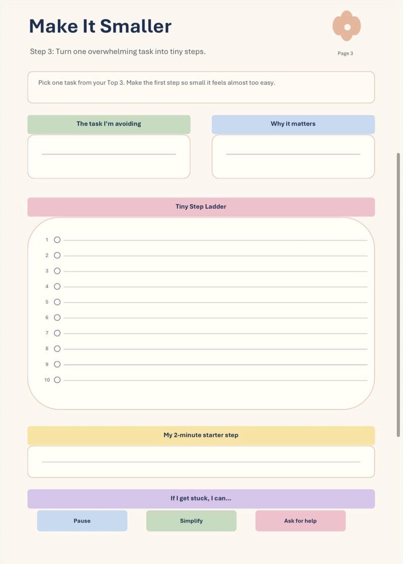 May include: A printable task management worksheet titled Make It Smaller, featuring sections for identifying avoided tasks, a Tiny Step Ladder with ten numbered lines, a 2-minute starter step field, and buttons labeled Pause, Simplify, and Ask for help.