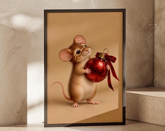 Christmas Mouse Print, Cute Festive Wall Art, Vintage Christmas Decor, Mouse Holding Red Bauble
