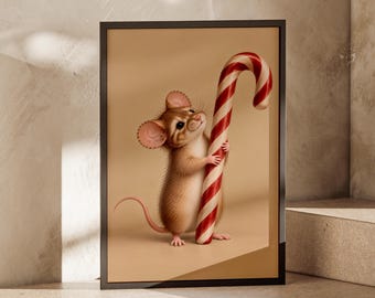 Christmas Mouse Print, Cute Mouse Wall Art, Candy Cane Festive Decor, Vintage Christmas Wall Art