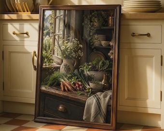 Può includere: Una stampa artistica da parete rettangolare incorniciata che raffigura una scena di cucina rustica con un tavolo in legno, una brocca in ceramica piena di fiori di campo, carote fresche, ravanelli, verdure a foglia e un panno di lino.