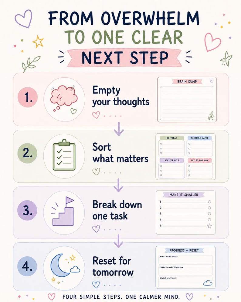 May include: An instructional infographic titled FROM OVERWHELM TO ONE CLEAR NEXT STEP. It outlines four steps: Empty your thoughts with a brain dump, Sort what matters, Break down one task, and Reset for tomorrow. Each step includes icons and templates.