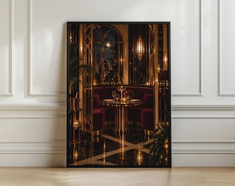 Può includere: Una stampa d'arte da parete incorniciata che raffigura l'interno di un ristorante opulento e scarsamente illuminato di notte. La scena presenta un tavolo rotondo dorato con bicchieri, un divanetto in velluto rosso scuro e una vista notturna.
