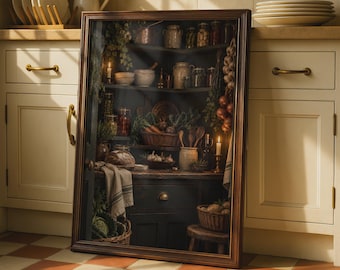Può includere: Uno specchio da parete rettangolare con una cornice in legno marrone scuro. Lo specchio riflette una scena di cucina con scaffali contenenti barattoli, cesti di verdure, utensili in legno, una pagnotta e candele accese su un piano di lavoro.