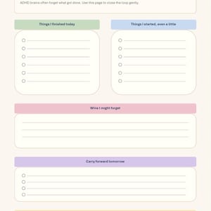 May include: A printable planner page titled Progress + Reset, Step 4. It features sections for Things I finished today, Things I started, even a little, Wins I might forget, Carry forward tomorrow, and a Gentle reset note with lines and checkboxes.