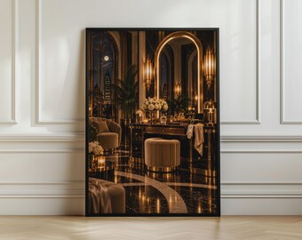 Può includere: Una stampa d'arte da parete incorniciata che raffigura un interno lussuoso con una toeletta, un pouf in velluto e un grande specchio ad arco. La stanza presenta pavimenti in marmo scuro, una calda illuminazione dorata e la vista sulla città di notte.