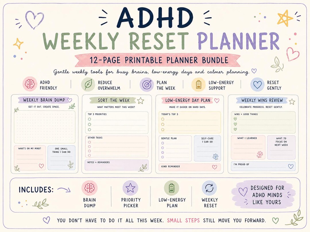 Adhd Weekly Reset Planner Printable, Brain Dump Worksheet, Low Energy ...