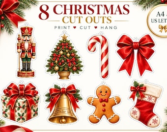 Può includere: Un set di 8 ritagli natalizi con uno schiaccianoci, un albero decorato, un bastoncino di zucchero, un fiocco rosso, un regalo, una campana dorata, un omino di pan di zenzero e una calza. Il testo recita 8 CHRISTMAS CUT OUTS PRINT CUT HANG A4 & US LETTER.