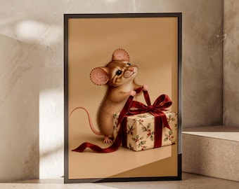 Christmas Mouse Print, Cute Festive Wall Art, Vintage Mouse Holding Red Ribbon, Holly Gift Decor