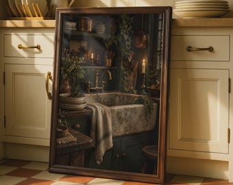 Può includere: Una stampa artistica rettangolare incorniciata che raffigura una cucina scura e suggestiva con un lavello in pietra, rubinetto in ottone, pentole in rame, edera e una candela accesa. L'opera è inserita in una cornice in legno scuro dal profilo classico.