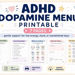Menu imprimable pour le TDAH et la dopamine, agenda pour les journées calmes, dopamine sans défilement, format A4 ou Lettre US