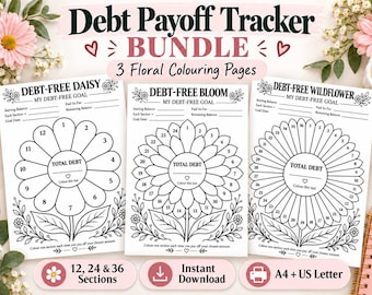 Può includere: Un pacchetto di monitoraggio del rimborso del debito con tre pagine da colorare floreali intitolate Debt-Free Daisy, Debt-Free Bloom e Debt-Free Wildflower. Ogni pagina include un grafico a fiore centrale con petali numerati per tracciare gli obiettivi finanziari, oltre a campi per il saldo iniziale, l'importo pagato, il saldo rimanente e la data obiettivo.