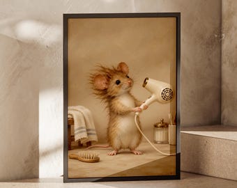 Mouse Wall Art, Funny Bathroom Print, Cute Mouse Hairdryer Poster, Vintage Cottagecore Animal Decor