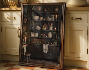 Può includere: Uno specchio da parete rettangolare con cornice in legno marrone scuro, che riflette una scena di cucina con una credenza in legno scuro piena di ciotole in ceramica bianca, piatti, cucchiai di legno e biancheria, davanti a mobili color crema.