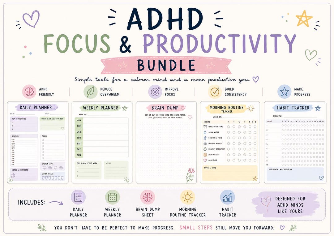 ADHD Planner Bundle Printable PDF | Daily & Weekly Planner | Brain Dump ...