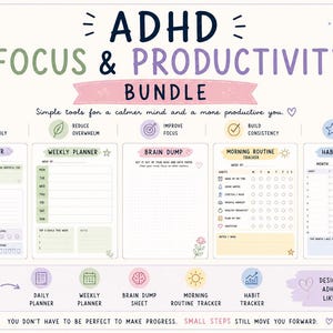 May include: ADHD Focus & Productivity Bundle digital planner set featuring a daily planner, weekly planner, brain dump, morning routine tracker, and habit tracker. Includes pastel-colored icons and text: Simple tools for a calmer mind and a more productive you.