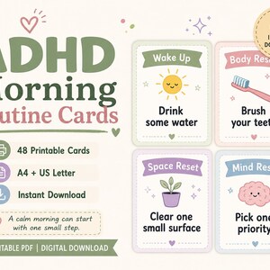 Op de afbeelding: Een set ADHD-ochtendroutinekaarten met 48 printbare kaarten in A4- en US Letter-formaat. Het ontwerp bevat vier voorbeeldkaarten met illustraties van een zon, tandenborstel, plant en brein, samen met tekstinstructies voor dagelijkse taken.