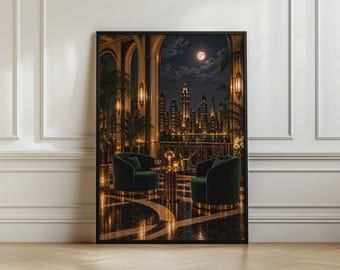Può includere: Una stampa artistica da parete incorniciata che raffigura una scena di balcone notturno con due poltrone in velluto verde scuro, un tavolino rotondo e una vista sullo skyline cittadino sotto la luna piena. Luci dorate, archi e piante in vaso.