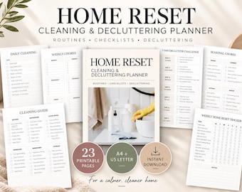 Può includere: Un set di pianificatori per la pulizia e il riordino Home Reset con 23 pagine stampabili in formato A4 e US Letter. La collezione include liste per la pulizia quotidiana, faccende settimanali, una sfida di 7 giorni, compiti stagionali e tracker.