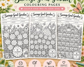 Può includere: Tre pagine da colorare stampabili in bianco e nero intitolate Savings Goal Garden. Ogni pagina presenta un tema di giardino unico con sezioni numerate per tracciare i progressi finanziari, inclusi campi per obiettivo di risparmio e data.