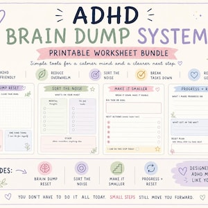以下が含まれることがあります： ADHD Brain Dump Systemの印刷可能なワークシートバンドル。Brain Dump Reset、Sort the Noise、Make it Smaller、Progress + Resetの4つのセクションで構成されています。パステルカラー、手描きのアイコン、テキストがデザインされています。
