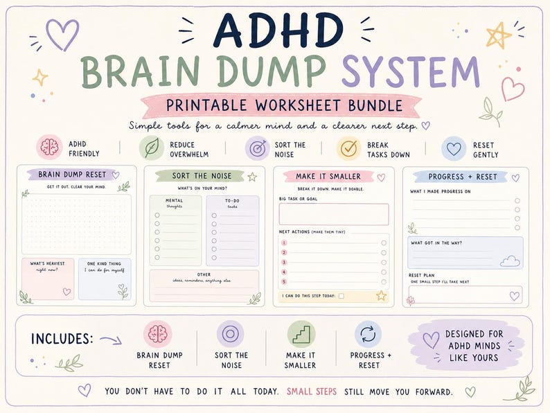 May include: An ADHD Brain Dump System printable worksheet bundle featuring four distinct sections: Brain Dump Reset, Sort the Noise, Make it Smaller, and Progress + Reset. The design uses pastel colors, hand-drawn icons, and encouraging text.