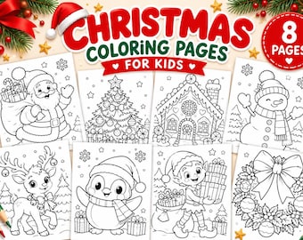 Può includere: Un set di 8 pagine da colorare natalizie per bambini con illustrazioni in bianco e nero di Babbo Natale, un albero decorato, una casa di pan di zenzero, un pupazzo di neve, una renna, un pinguino, un elfo e una ghirlanda.