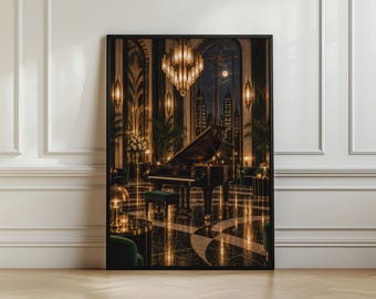 Può includere: Una stampa d'arte da parete incorniciata che raffigura un pianoforte a coda in una stanza lussuosa con pavimento in marmo bianco e nero, un grande lampadario e alte finestre ad arco che si affacciano su uno skyline notturno con luna piena.
