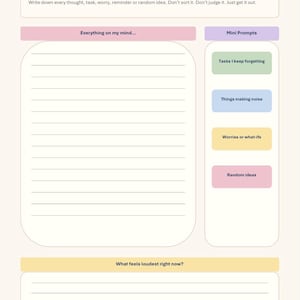 May include: An ADHD Brain Dump System planner page with a cream background. It features a large lined section titled Everything on my mind, a Mini Prompts column with colored boxes for tasks, noise, worries, and ideas, and a bottom section for priorities.
