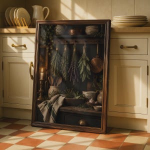 Può includere: Una stampa artistica incorniciata che raffigura una scena di cucina scura con mazzetti di erbe essiccate appesi a una rastrelliera in legno, una padella in rame, cucchiai di legno in un vaso di ceramica, una candela accesa e un panno piegato.