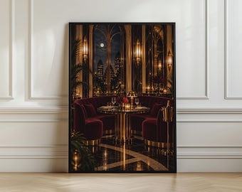 Può includere: Una stampa artistica incorniciata che raffigura l'interno scuro e opulento di un ristorante di notte. Un tavolo rotondo dorato è circondato da panche curve in velluto rosso intenso. Grandi finestre ad arco rivelano lo skyline di una città.