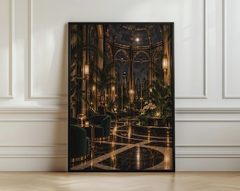 Può includere: Una stampa artistica da parete verticale incorniciata che raffigura un giardino d'inverno interno scuro e opulento di notte. La scena presenta poltrone in velluto verde scuro, piante tropicali lussureggianti, un pavimento in marmo nero venato.