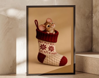 Christmas Mouse Print, Cute Festive Wall Art, Mouse in Knitted Stocking, Vintage Christmas Decor