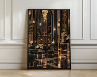 Può includere: Una stampa artistica da parete verticale incorniciata che raffigura l'interno di una lussuosa hall d'albergo di notte. La scena presenta mobili in velluto verde scuro, un pavimento in marmo nero lucido con accenti dorati e grandi finestre ad arco.