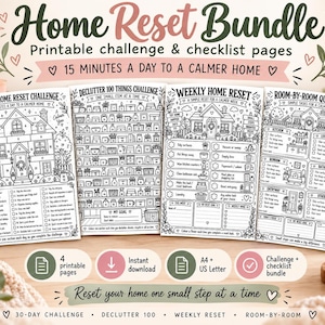 Puede incluir: Un paquete de hojas imprimibles Home Reset Bundle con desafíos y listas de verificación en blanco y negro. Incluye un reto de 30 días, un desafío de limpieza de 100 objetos, un planificador semanal y una guía de limpieza habitación por habitación.