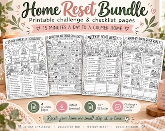 Può includere: Un set di fogli stampabili Home Reset Bundle con sfide e liste di controllo in bianco e nero. Il pacchetto include una sfida di 30 giorni, una sfida per eliminare 100 oggetti, un programma di riordino settimanale e una guida stanza per stanza.