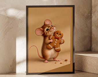 Christmas Mouse Print, Gingerbread Man Wall Art, Cute Festive Decor, Vintage Christmas Wall Art