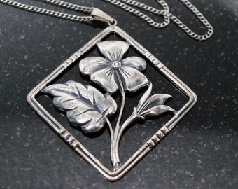 Vintage Sterling Silber Blumen Anhänger, rautenförmige Blume Halskette, 18" Sterling Kette, Nachlass Schmuck, Muttertag Geschenk