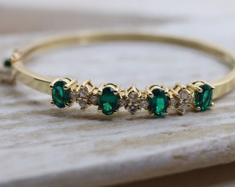 14K Vintage Diamond and Emerald gold bangle bracelet, hinged bangle/ may birthstone/ fine estate jewelry/ gifts for her/ gifts for mom