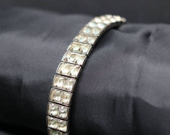 Pulsera vintage de 2 filas con pedrería cuadrada en tono plateado, pulsera de capas, pulsera de graduación, joyería de finca, regalos para ella