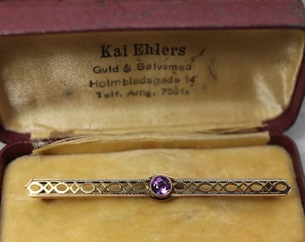 Vintage 14k Amethyst Bar Pin, Made in Denmark, original box, 14 karat yellow gold, Amethyst brooch, February Birthstone, 6th anniversary