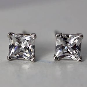 Estate CZ earrings, 5 mm square cubic zirconia stud, Sterling Silver, April Birthstone, bridal jewelry, prom jewelry, pageant jewelry