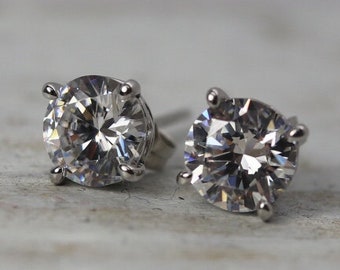 Estate Sterling Silver CZ earrings, 7 mm cubic zirconia stud, April Birthstone, estate jewelry, bridal jewelry, prom jewelry pageant jewelry